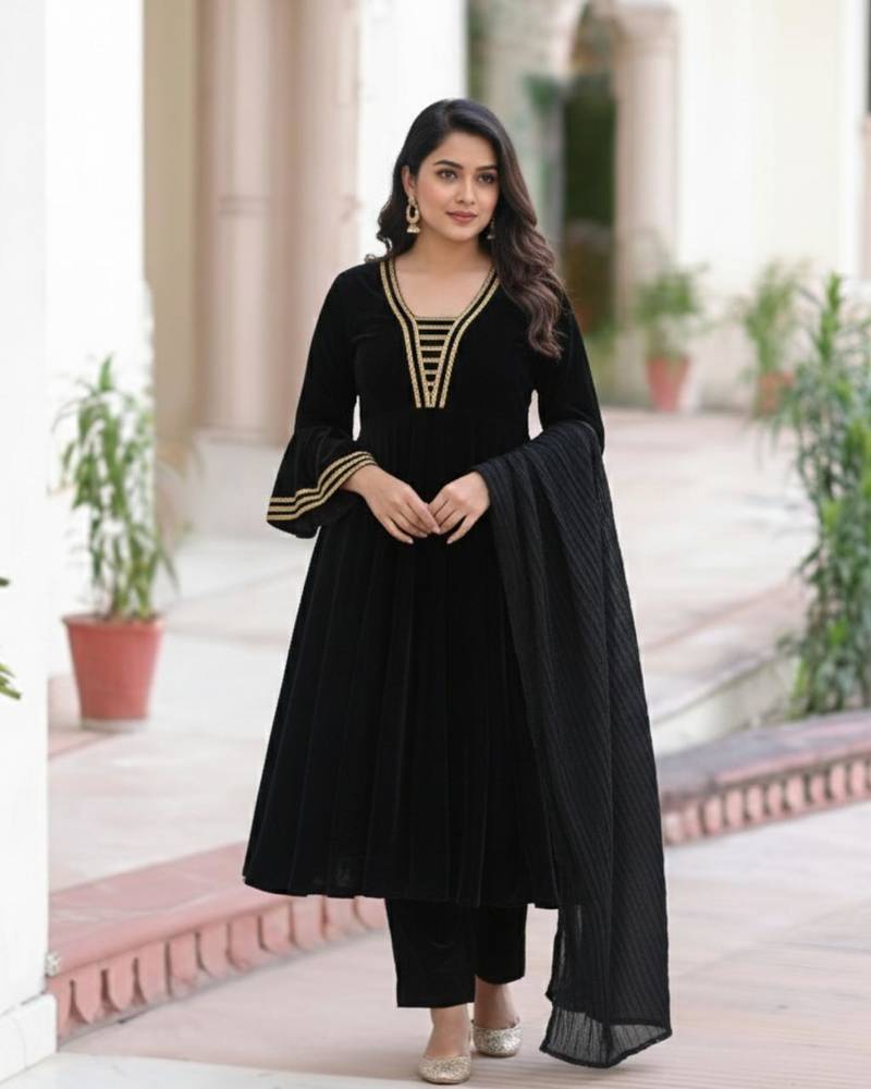 Black Velvet 3 Pc Anarkali with Beautiful Gotta Lace Work 