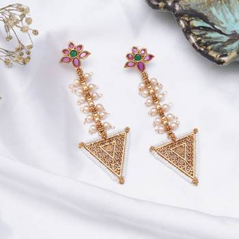Abhika creations gold-toned floral top triangle dangler earrings with pearl detailing 1