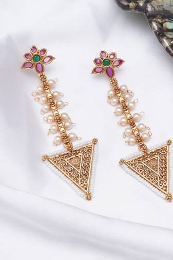 Abhika creations gold-toned floral top triangle dangler earrings with pearl detailing