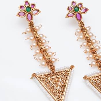 Abhika creations gold-toned floral top triangle dangler earrings with pearl detailing 2