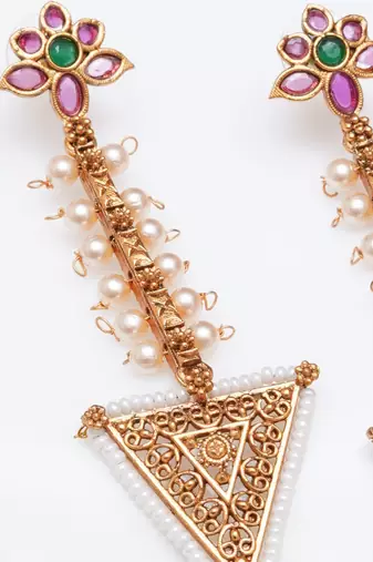 Abhika creations gold-toned floral top triangle dangler earrings with pearl detailing