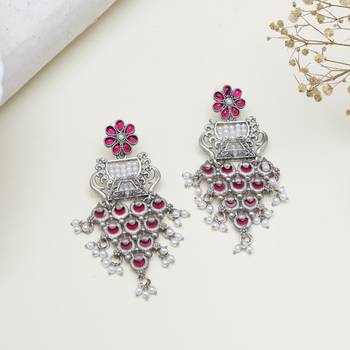 Abhika creations handcrafted oxidised earrings with pink enamel & layered pearl tassels 1