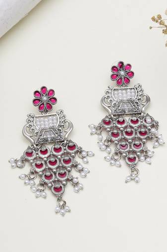 Abhika creations handcrafted oxidised earrings with pink enamel & layered pearl tassels