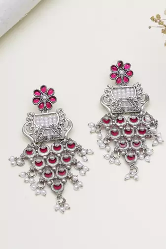 Abhika creations handcrafted oxidised earrings with pink enamel & layered pearl tassels