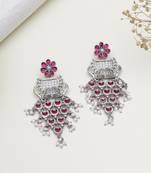 Abhika creations handcrafted oxidised earrings with pink enamel & layered pearl tassels