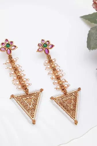 Abhika creations gold-toned floral top triangle dangler earrings with pearl detailing