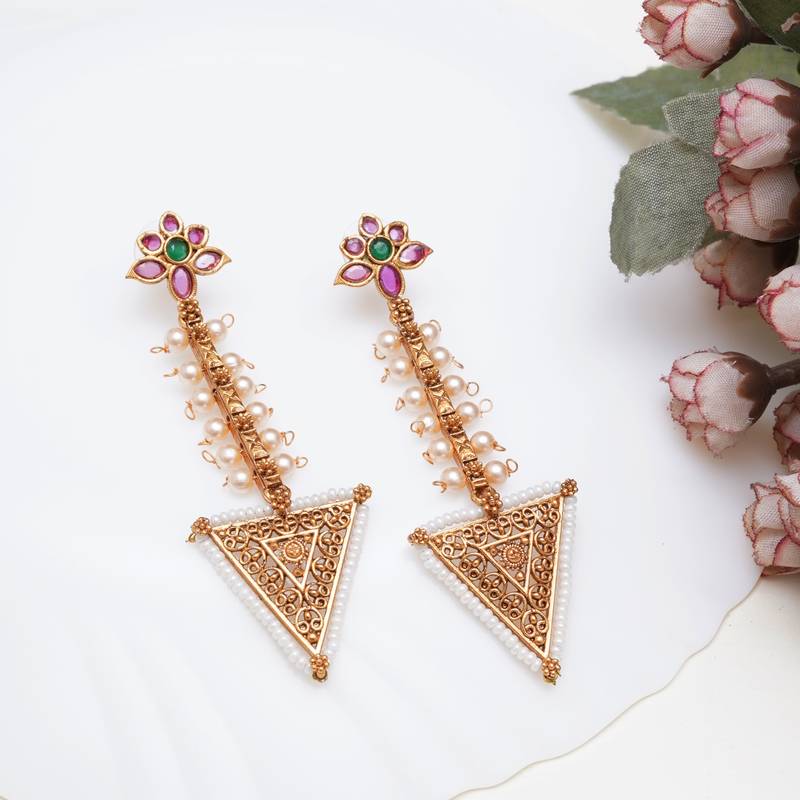 Abhika creations gold-toned floral top triangle dangler earrings with pearl detailing
