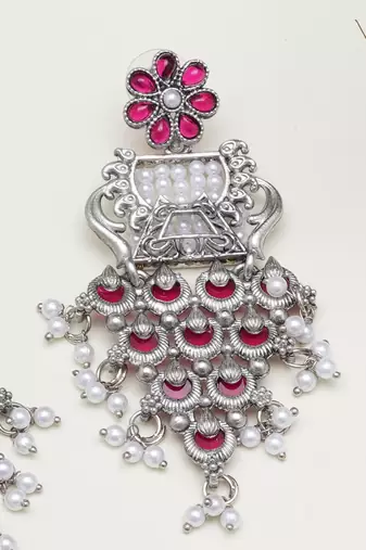 Abhika creations handcrafted oxidised earrings with pink enamel & layered pearl tassels