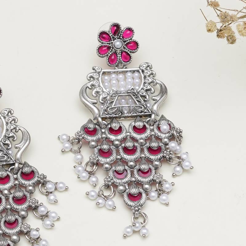 Abhika creations handcrafted oxidised earrings with pink enamel & layered pearl tassels