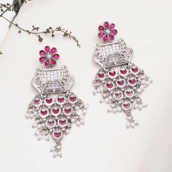 Abhika creations handcrafted oxidised earrings with pink enamel & layered pearl tassels 3