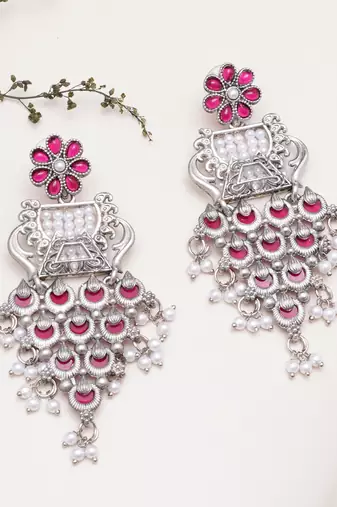 Abhika creations handcrafted oxidised earrings with pink enamel & layered pearl tassels