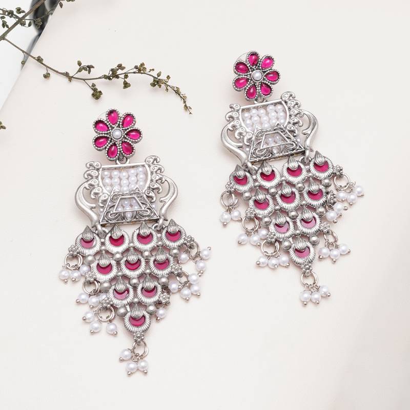 Abhika creations handcrafted oxidised earrings with pink enamel & layered pearl tassels