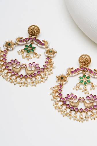 Abhika creations gold-toned peacock chandbali earrings with pink stones & pearl drops
