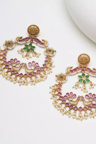 Abhika creations gold-toned peacock chandbali earrings with pink stones & pearl drops