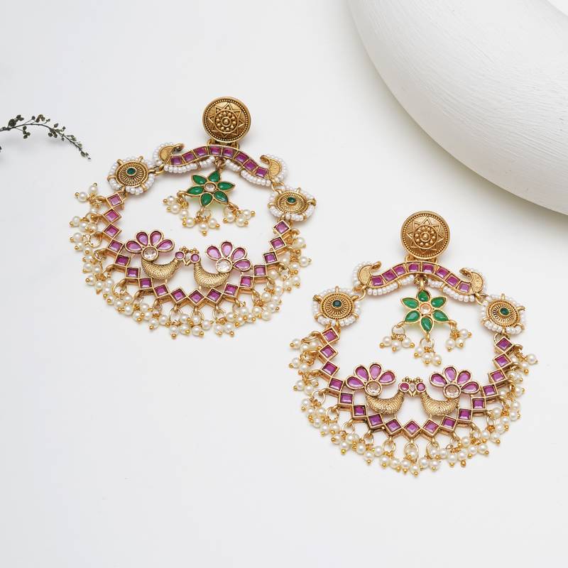 Abhika creations gold-toned peacock chandbali earrings with pink stones & pearl drops