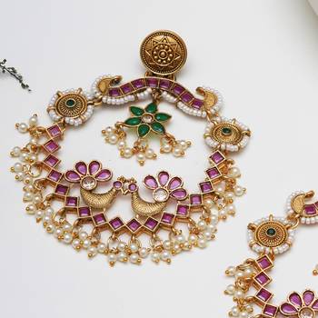 Abhika creations gold-toned peacock chandbali earrings with pink stones & pearl drops 2
