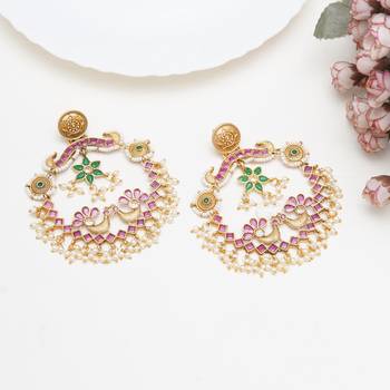 Abhika creations gold-toned peacock chandbali earrings with pink stones & pearl drops 3