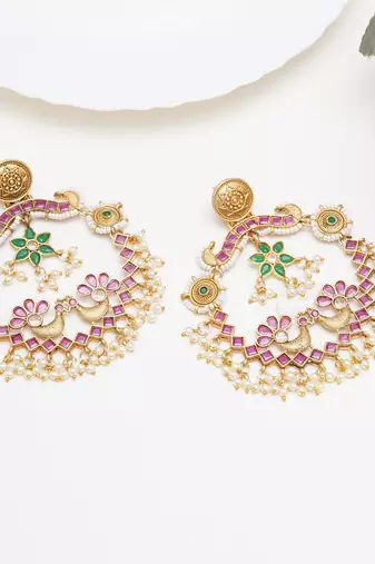 Abhika creations gold-toned peacock chandbali earrings with pink stones & pearl drops