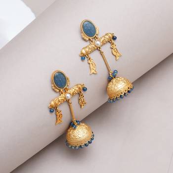 Abhika creations gold-toned blue stone jhumka earrings with fish charms 1