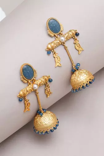 Abhika creations gold-toned blue stone jhumka earrings with fish charms