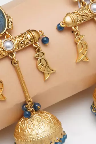 Abhika creations gold-toned blue stone jhumka earrings with fish charms
