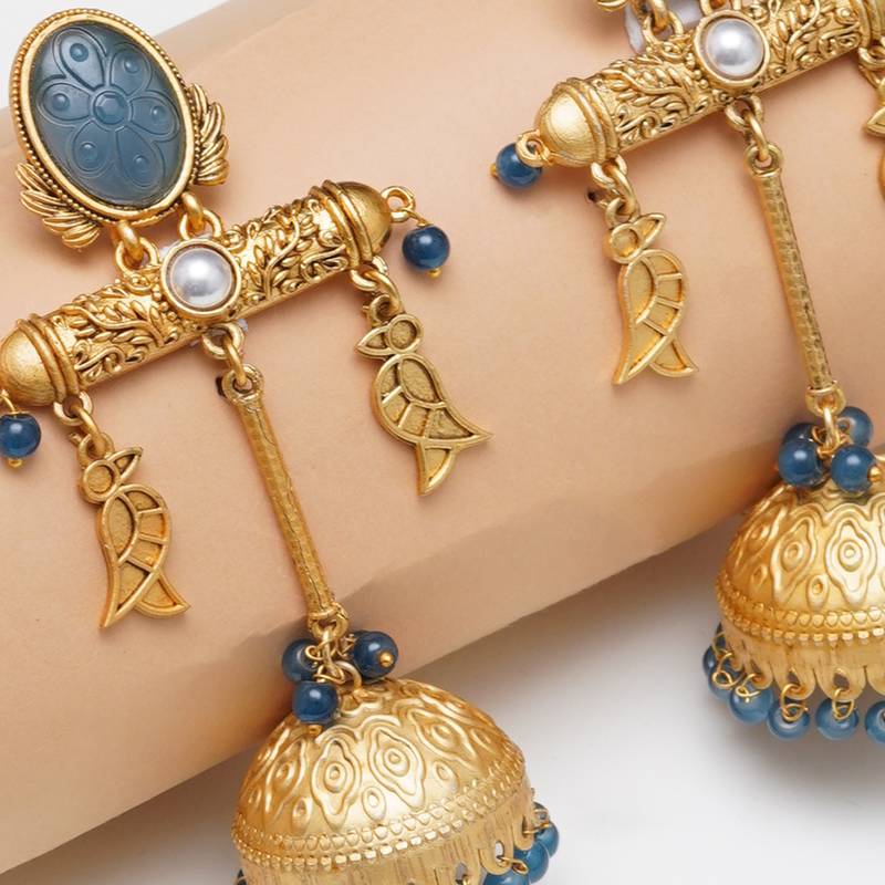 Abhika creations gold-toned blue stone jhumka earrings with fish charms