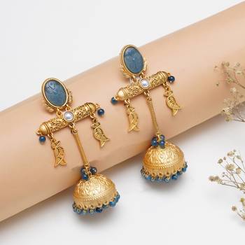 Abhika creations gold-toned blue stone jhumka earrings with fish charms 3