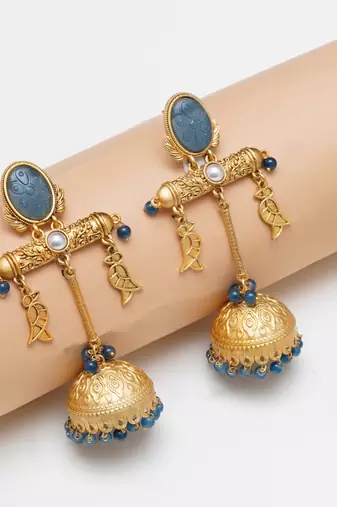 Abhika creations gold-toned blue stone jhumka earrings with fish charms