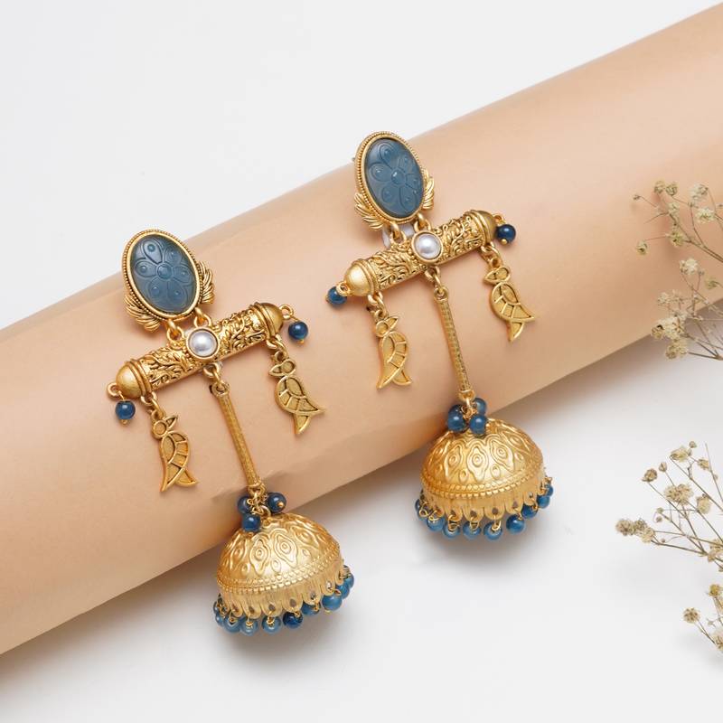 Abhika creations gold-toned blue stone jhumka earrings with fish charms