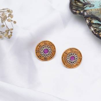 Abhika creations antique gold round studs with pink centre stone 1