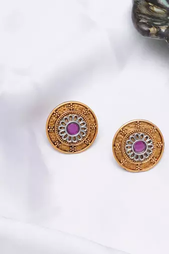 Abhika creations antique gold round studs with pink centre stone