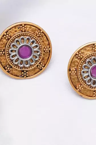 Abhika creations antique gold round studs with pink centre stone