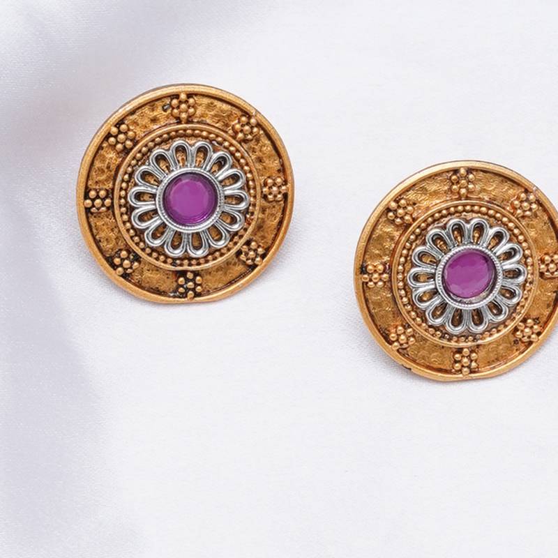 Abhika creations antique gold round studs with pink centre stone