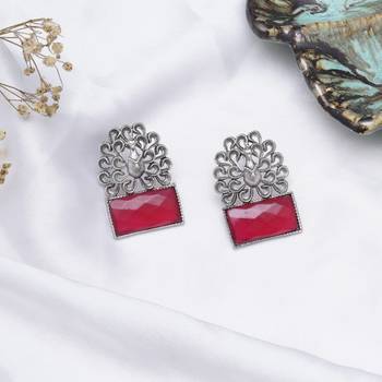 Abhika creations oxidised peacock design earrings with pink faceted stone 1