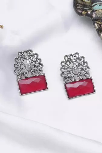 Abhika creations oxidised peacock design earrings with pink faceted stone