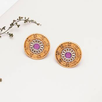 Abhika creations antique gold round studs with pink centre stone 3