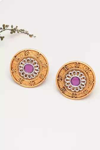 Abhika creations antique gold round studs with pink centre stone