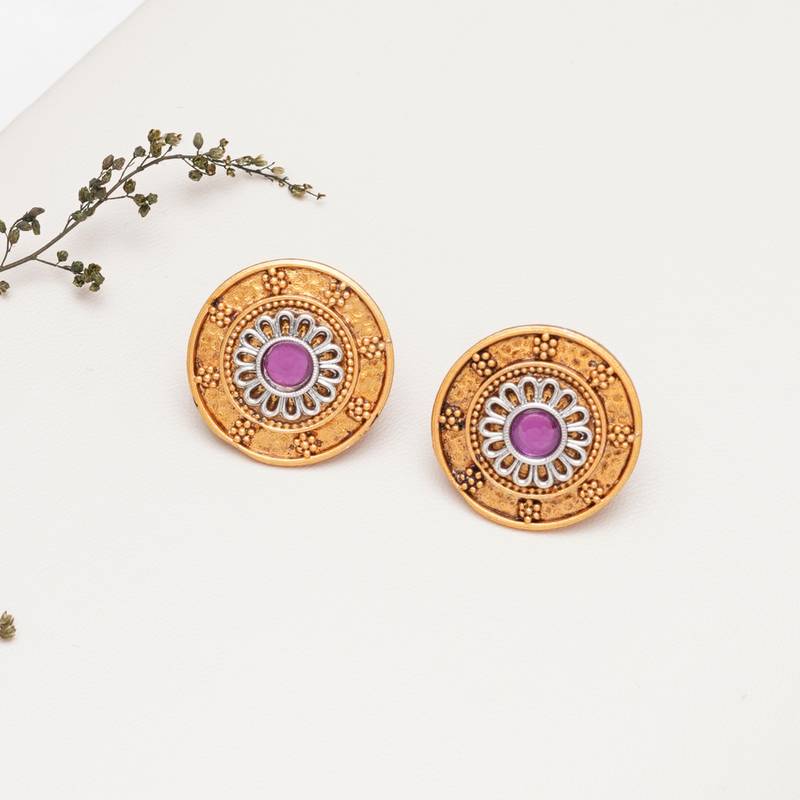 Abhika creations antique gold round studs with pink centre stone