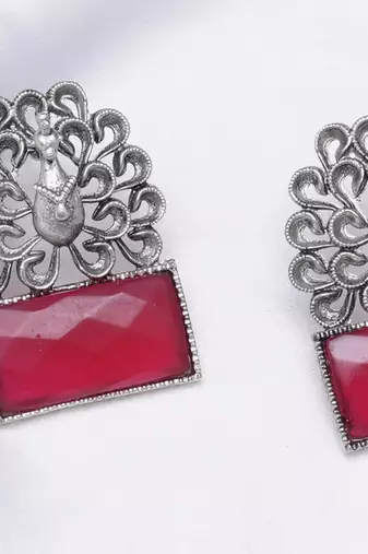 Abhika creations oxidised peacock design earrings with pink faceted stone