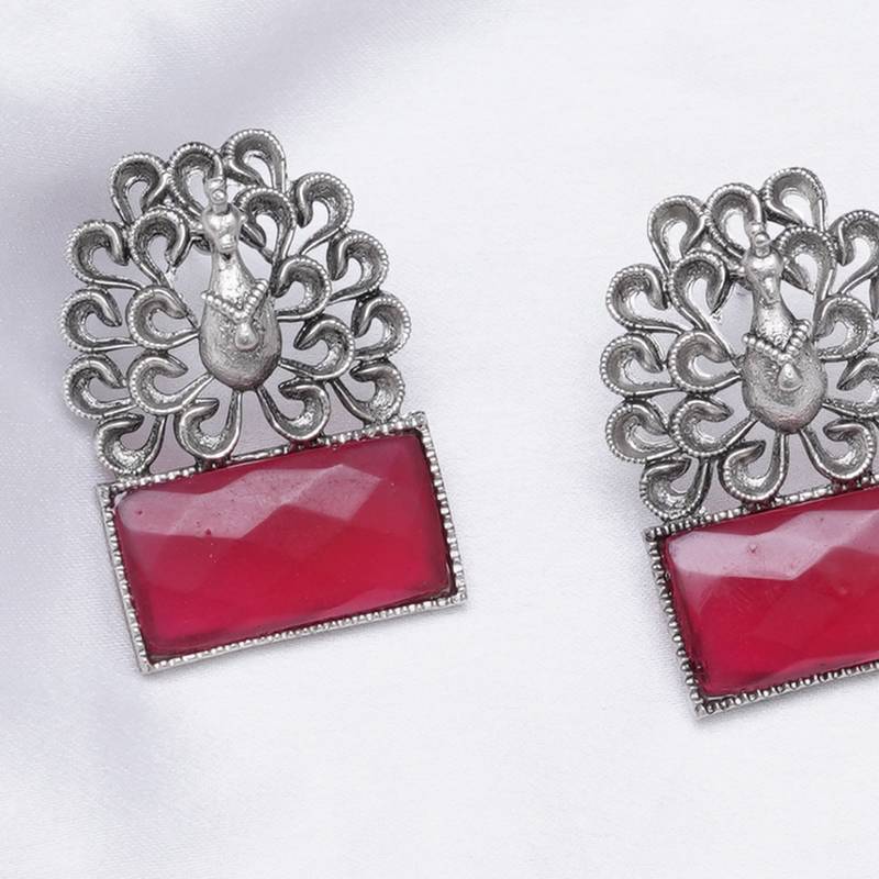 Abhika creations oxidised peacock design earrings with pink faceted stone