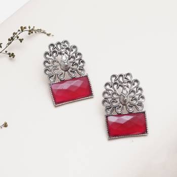 Abhika creations oxidised peacock design earrings with pink faceted stone 3