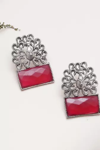 Abhika creations oxidised peacock design earrings with pink faceted stone