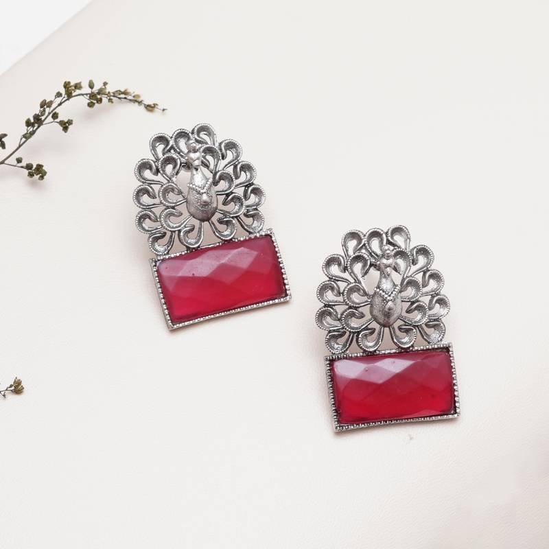 Abhika creations oxidised peacock design earrings with pink faceted stone