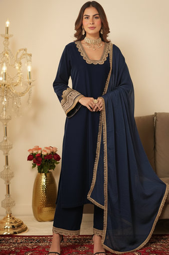 Navy Blue Ethnic Gotta Lace Work Suit 