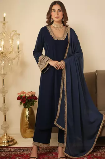 Navy Blue Ethnic Gotta Lace Work Suit 