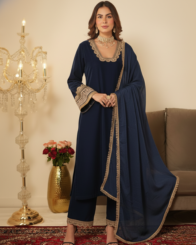 Navy Blue Pakistani Style Suit with Ethnic Gotta Lace Work