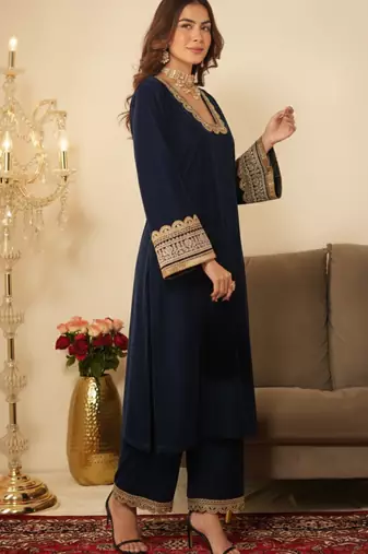Navy Blue Ethnic Gotta Lace Work Suit 