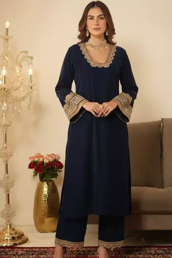 Navy Blue Ethnic Gotta Lace Work Suit 