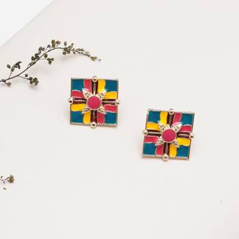 Abhika creations handcrafted colour-block square studs with leaf motif centre 1