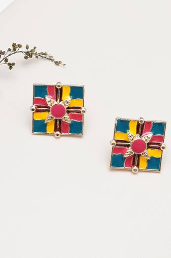 Abhika creations handcrafted colour-block square studs with leaf motif centre